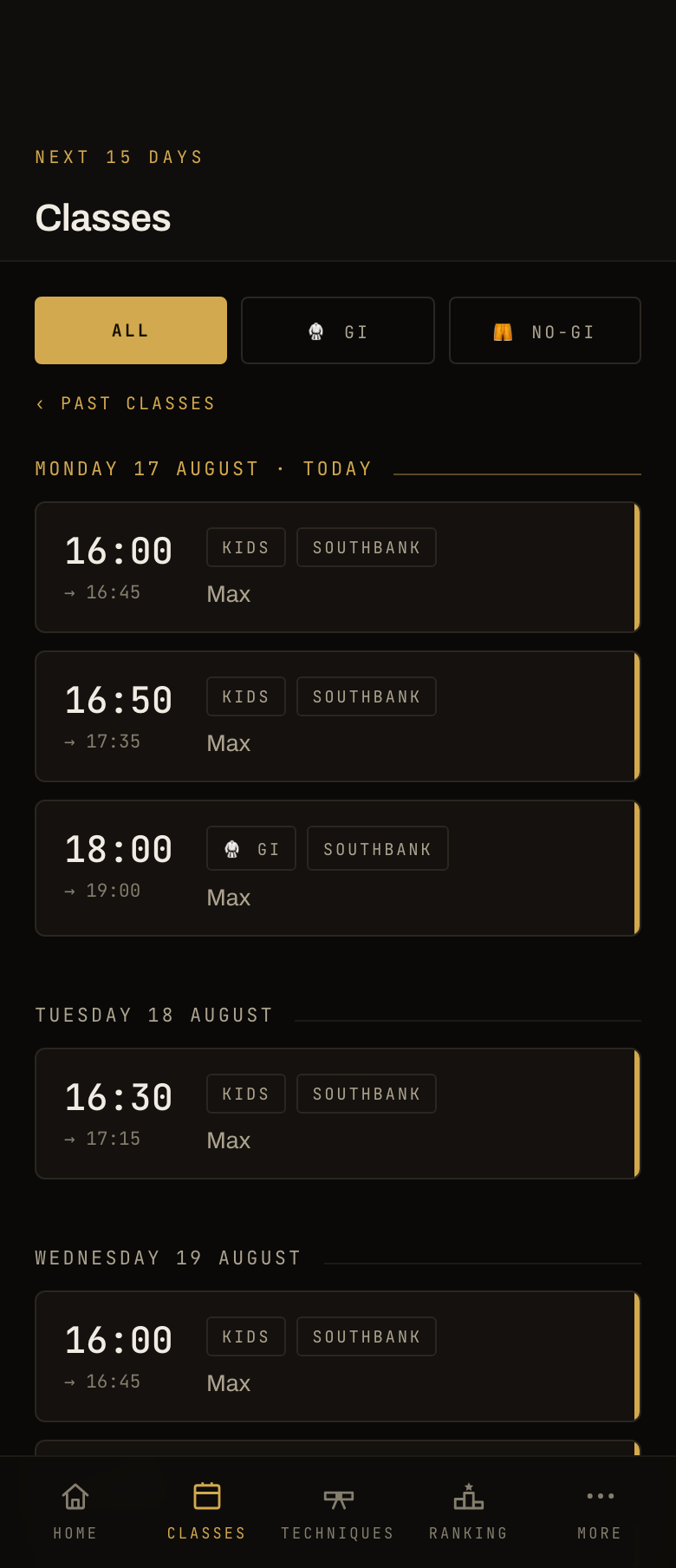 Classes screen of the academy app: Gi and No-Gi schedule with enrolment