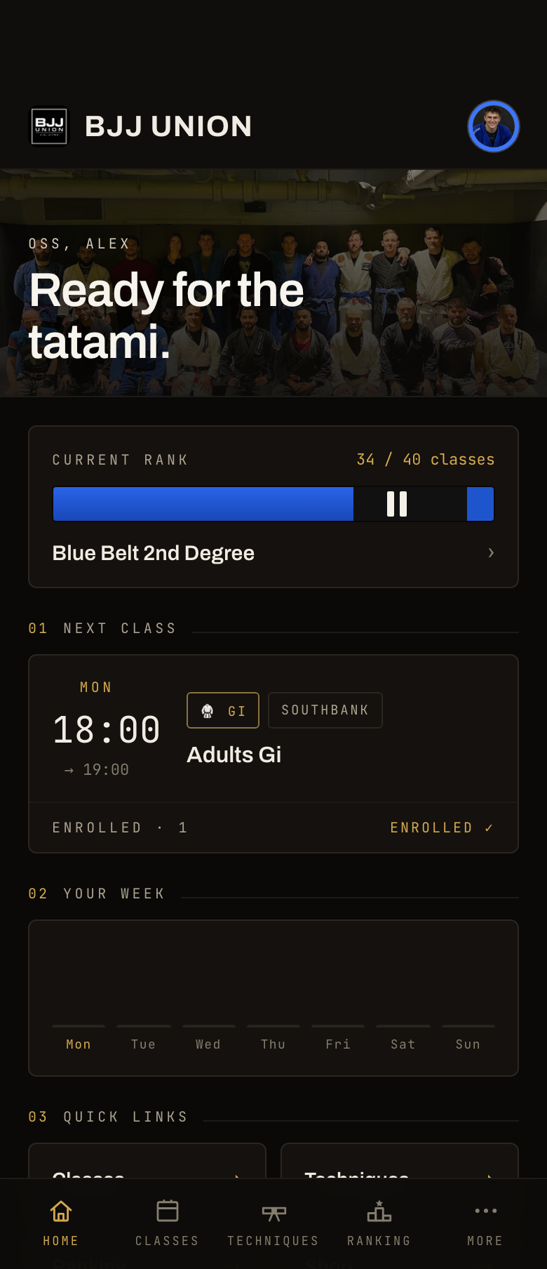 Home screen of the academy app: current rank, next class and weekly activity