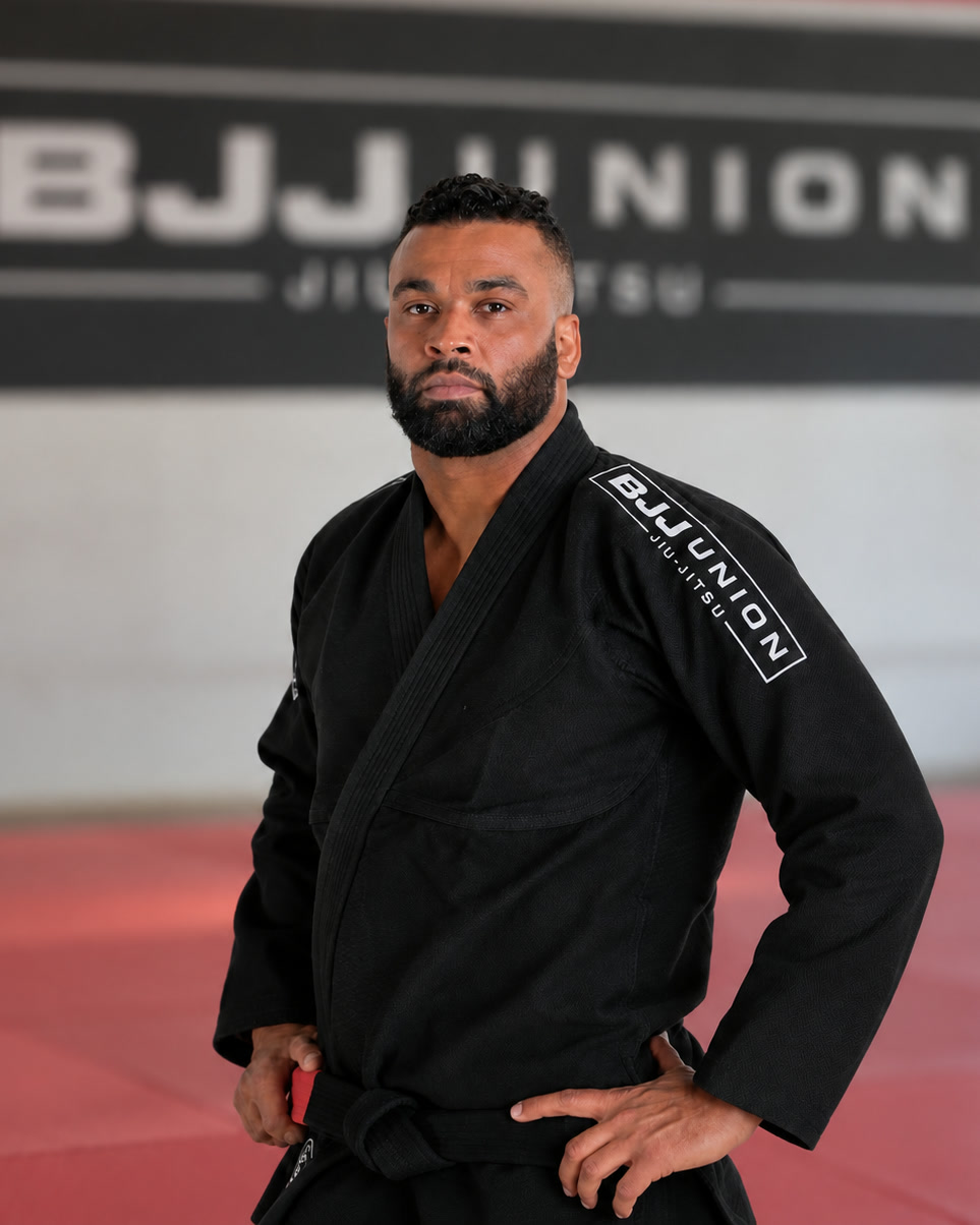 Max Lima, head coach of BJJ UNION, in the black gi on the academy mats