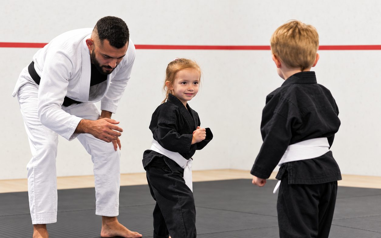 Kids class at BJJ UNION: a coach in a white gi with two young children in black gis on the mat