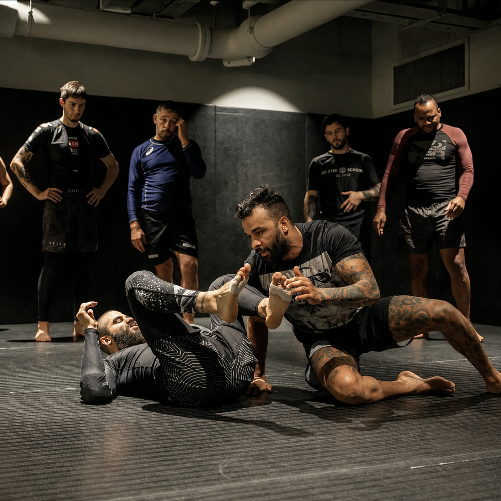 No-Gi class at BJJ UNION, coach demonstrating leg entanglements